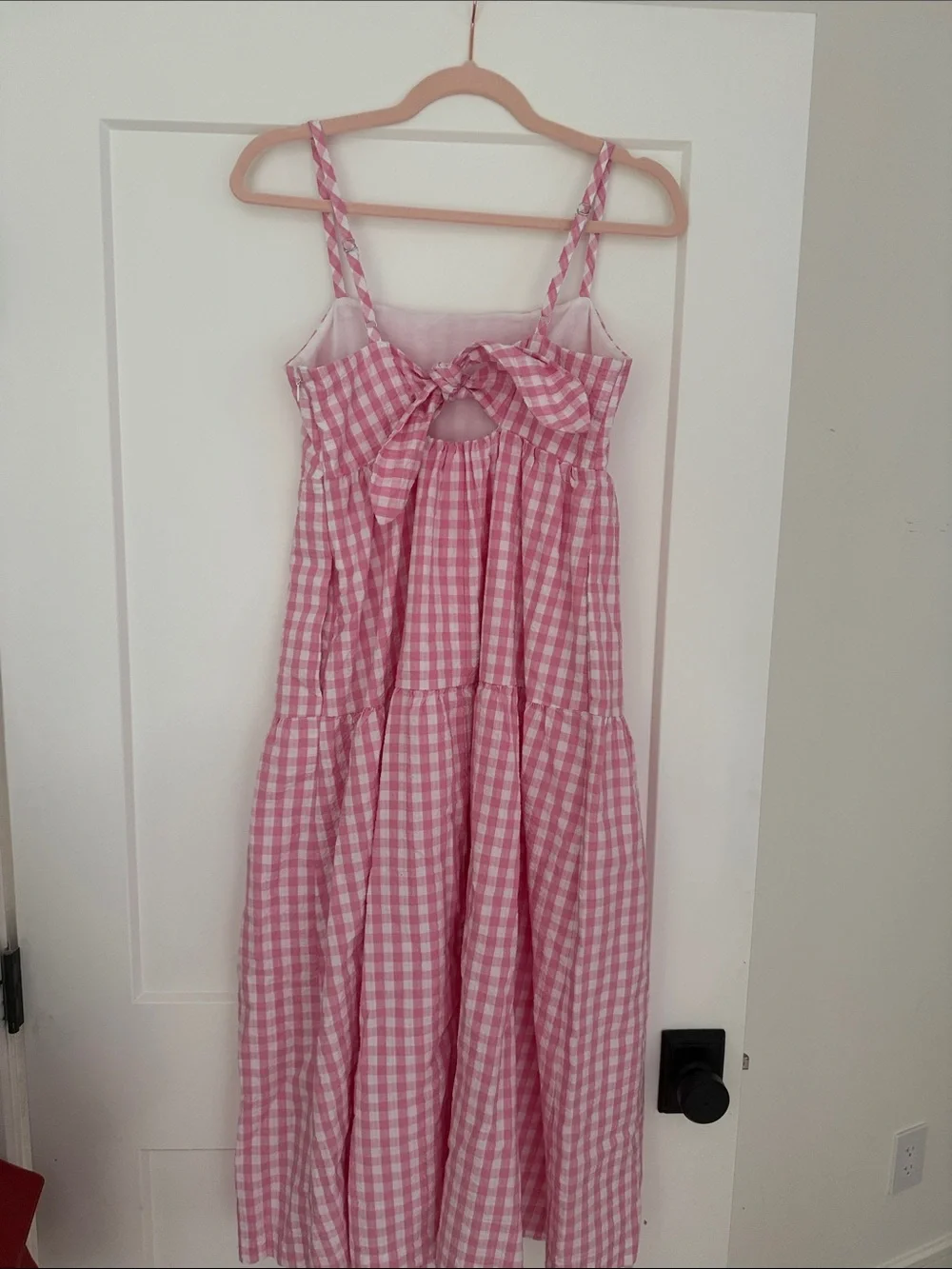 JCrew Pink Gingham Bow-Back Midi Dress with pockets and adjustable straps - Picture 4 of 6